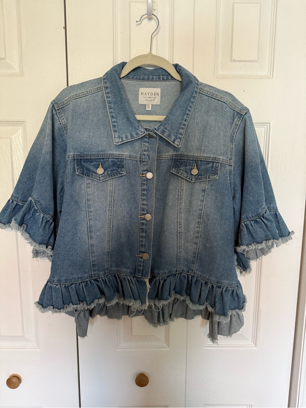 Hayden Light Blue Denim ruffle Jacket; perfect